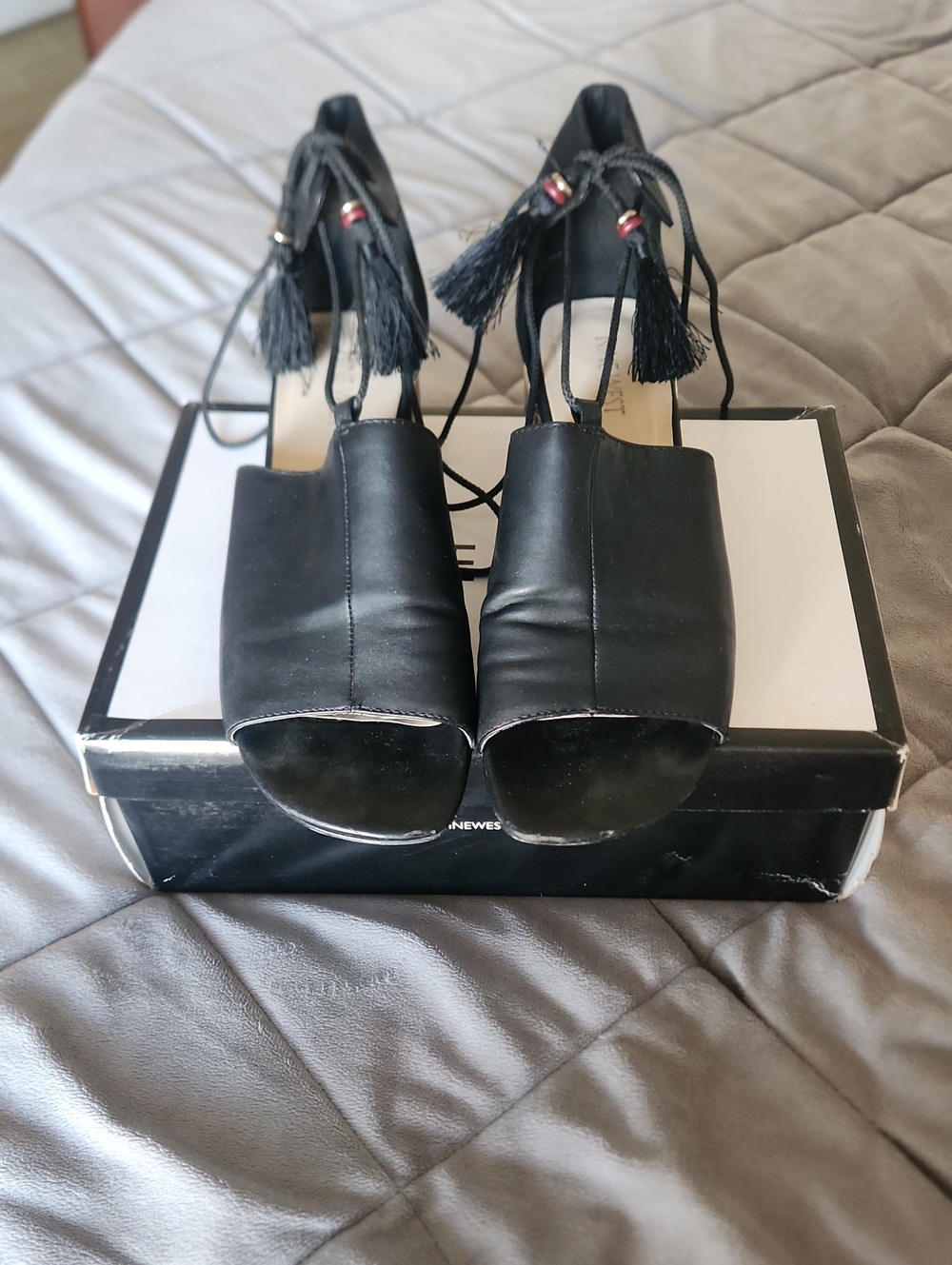 Nine West Black Open-Toe Lace-Up Tassel Heels